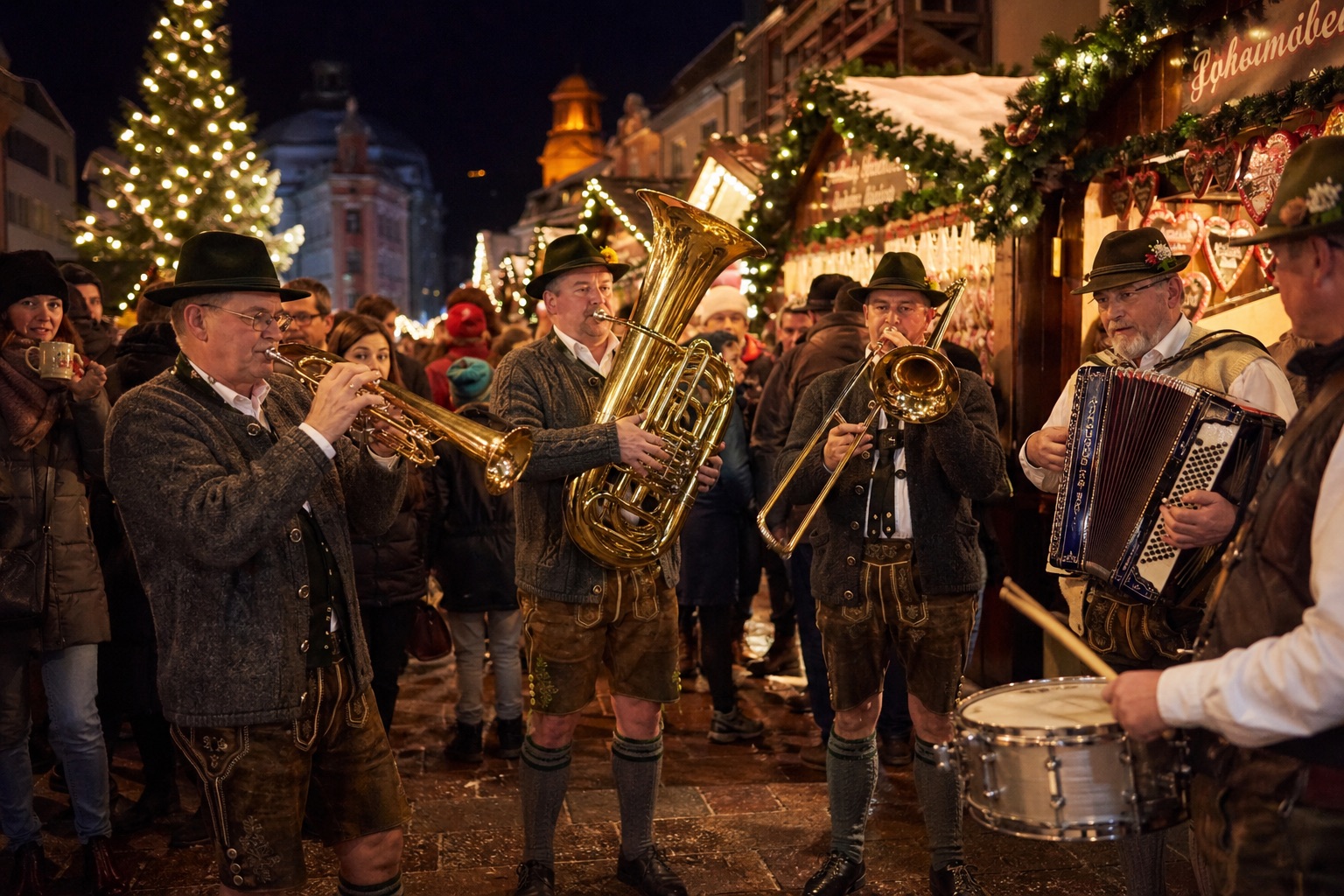 Les Pils-Schnaps jouent sur un marché de Noël illuminé