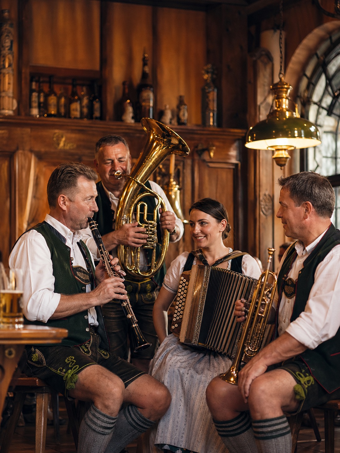 Ambiance taverne chaleureuse pendant une prestation des Pils-Schnaps