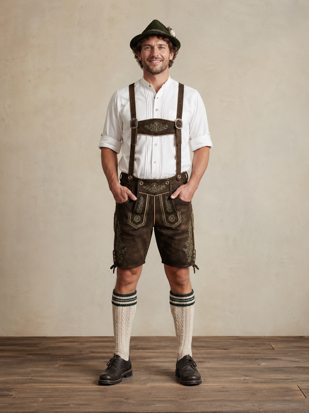 Musicien en tenue traditionnelle bavaroise avec chapeau et lederhose